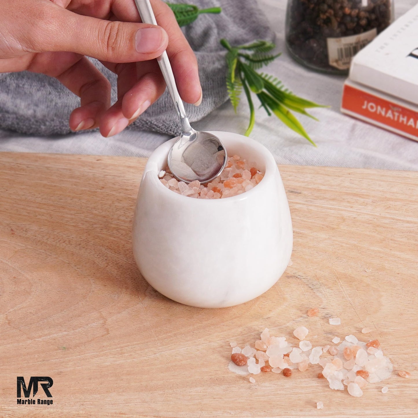 White Marble Salt Cellar – 3.5 Inch Salt Jar with Lid, Table Salt Container, Salt Dish, Salt Holder, Spice Jar, Sugar Bowl, Seasoning Container, Salt Dispenser for Kitchen Counter Decor