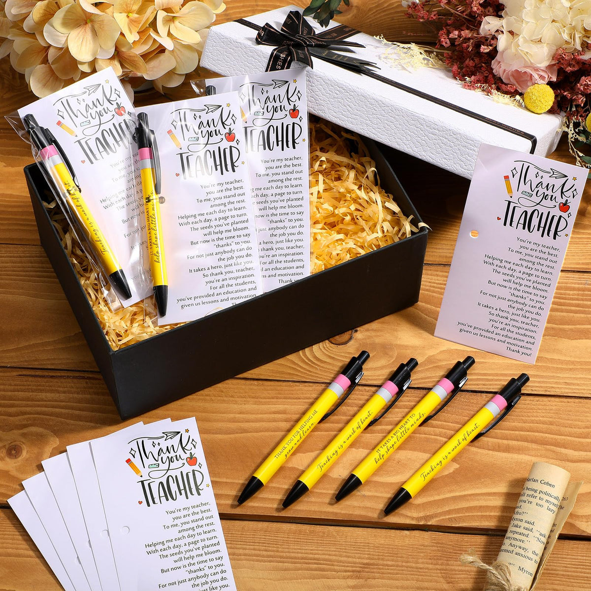 Sayglossy Teacher Appreciation Gifts Bulk Thank You Teacher Ballpoint Pens Cards and Bags Ties Small Inspirational End of School Gifts for Graduation Classroom Supplies(12 Sets)