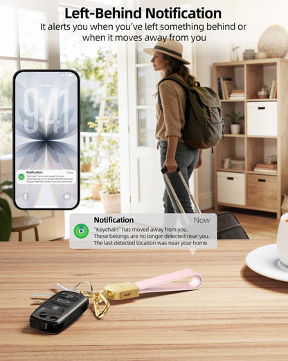 Keychain, Works with Apple Find My, Leather Car Keychain for Women and Men, Car Key Fob Holder, Key Chain with GPS Tracker, Anti-Lost Smart Keys Finder, Rechargeable, Pink