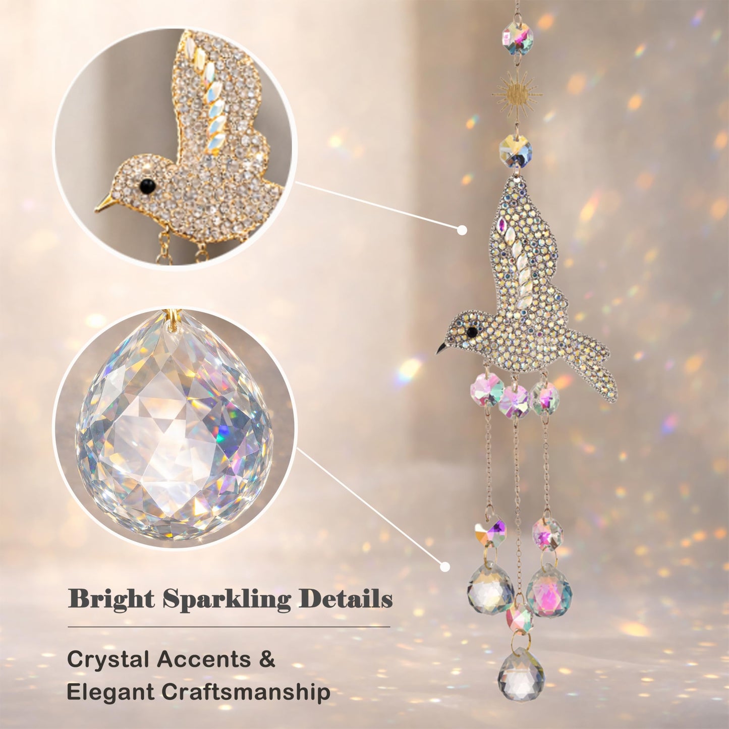 JINYOND Hummingbird Crystal Suncatcher for Window Hanging, Rainbow Maker Prism Ornament with Hook, Sparkling Sun Catcher Decor for Home, Patio, Garden, Bird Lover Gift (Crystal Ball)
