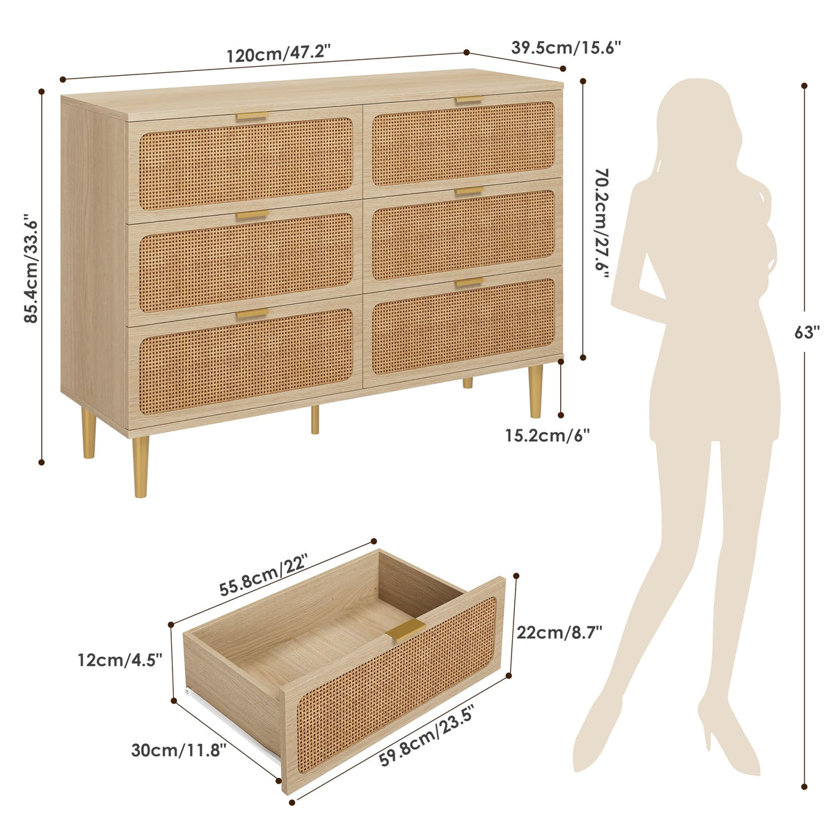 GarveeHome Rattan 6 Drawer Dresser for Bedroom, Large Double Dresser with Deep Drawers, Wooden Chest of Drawers for Closet with Wide Top, for Living Room, Hallway, Kids Room, Natural