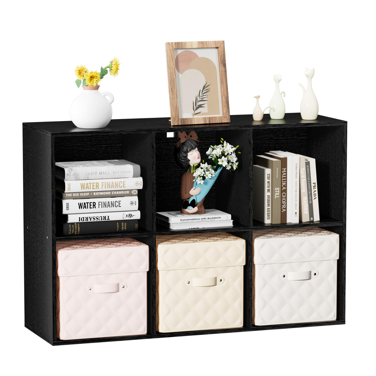 VAFHYLLIS 6 Cube Bookshelf with Closed Back Panel, 13.5-inch Wooden Cubby Shelves Heavy Duty - Bookcase for Living Room, Home, Office (Black)