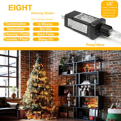 Decute 300LED Christmas String Lights Outdoor Waterproof 105FT UL Certified with End-to-End Plug 8 Modes, Warm White Indoor Starry Fairy Lights for Christmas Tree Patio Garden Wedding Party Decor