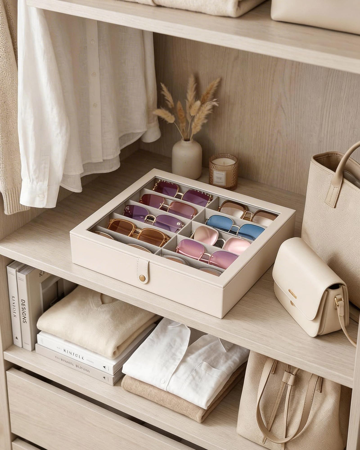 Lolalet 10 Slots Sunglasses Organizer Box, Eyeglasses Eyewear Display Case for Multiple Pairs of Glasses Collection Holder for Men Women, Mothers Day Gifts -1 Layer, Beige