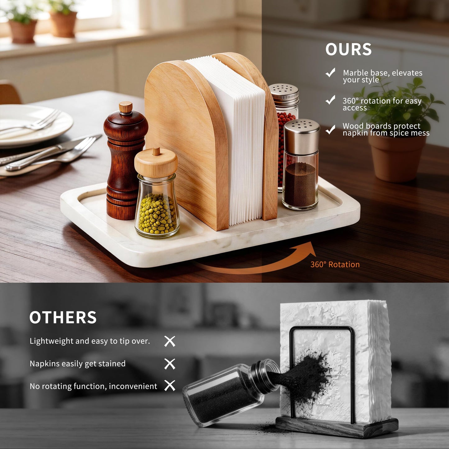 Joapsinn Rotating Napkin Holder for Table, Napkin Dispenser with Marble Base & Wood Divider, Napkin Holder with Salt and Pepper Shakers Caddy for Kitchen Dinner Table Decor - Shakers Not Included