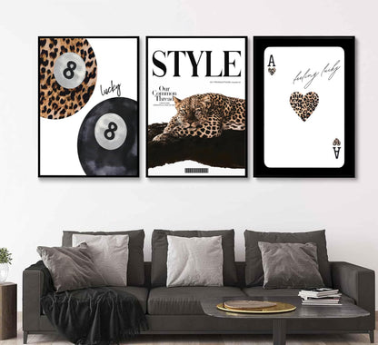 Trendy Leopard Set of 3 Canvas Wall Art Preppy Room Aesthetic Cheetah Cheetah posters Prints Funky Lucky 8 Ball Wall Decor Pictures for Girls Bedroom Apartment Dorm Unframed Decoration