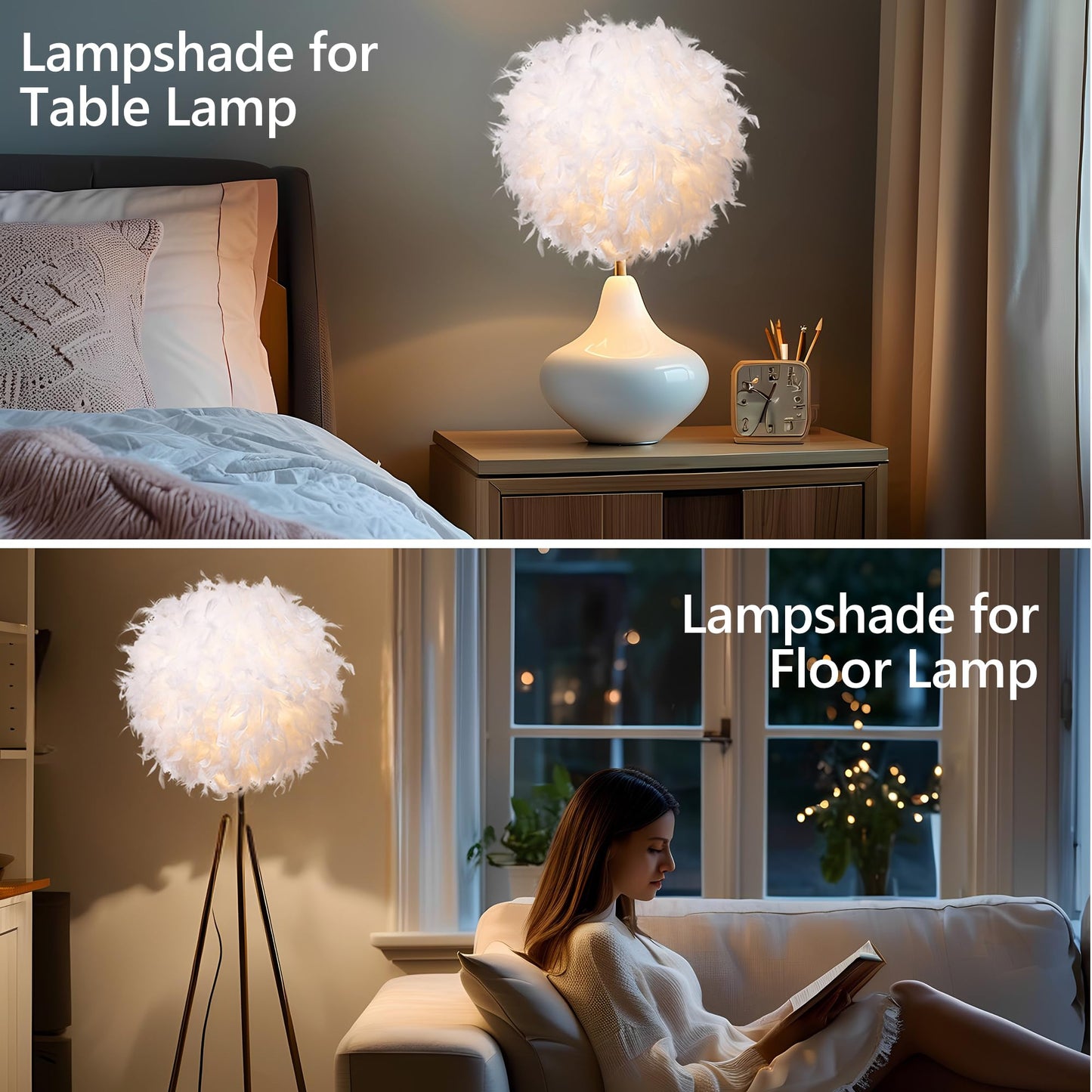 Waneway 40cm White Feather Ceiling Pendant Light Shade, Non-Electrical Lampshade for Floor Lamp and Table Lamp with Shade Reducing Ring for Living Room, Dining Room and Bedroom, ID 30cm, OD 40cm