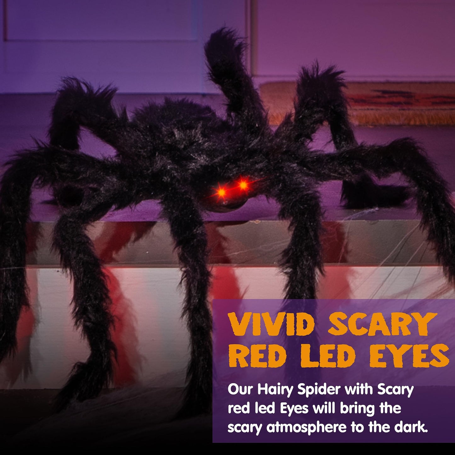 JOYIN 6.5ft Halloween Spider Outdoor Decorations, Light-up LED Eyes Scary Giant Fake Large Hairy Spider Props for Halloween Yard Lawn Decoration, Indoor Party Supplies and Outside Decor, Black