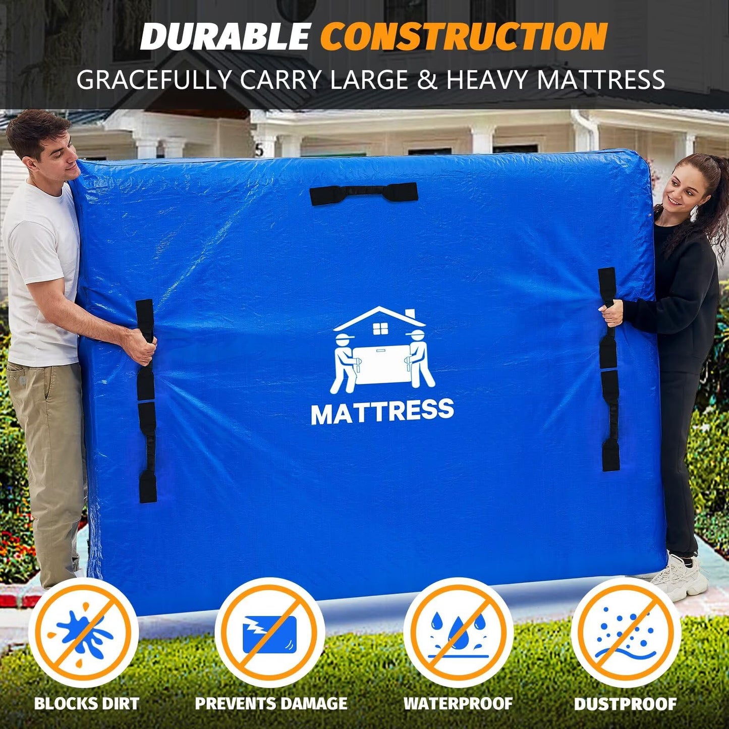 BETU Mattress Bags for Moving, Mattress Protector Waterproof Mattress Cover Queen Size Storage Bags with 8 Heavy-Duty Handles and Zipper for Bed Extra Thick Large Reusable (82"x62"x15" Blue)