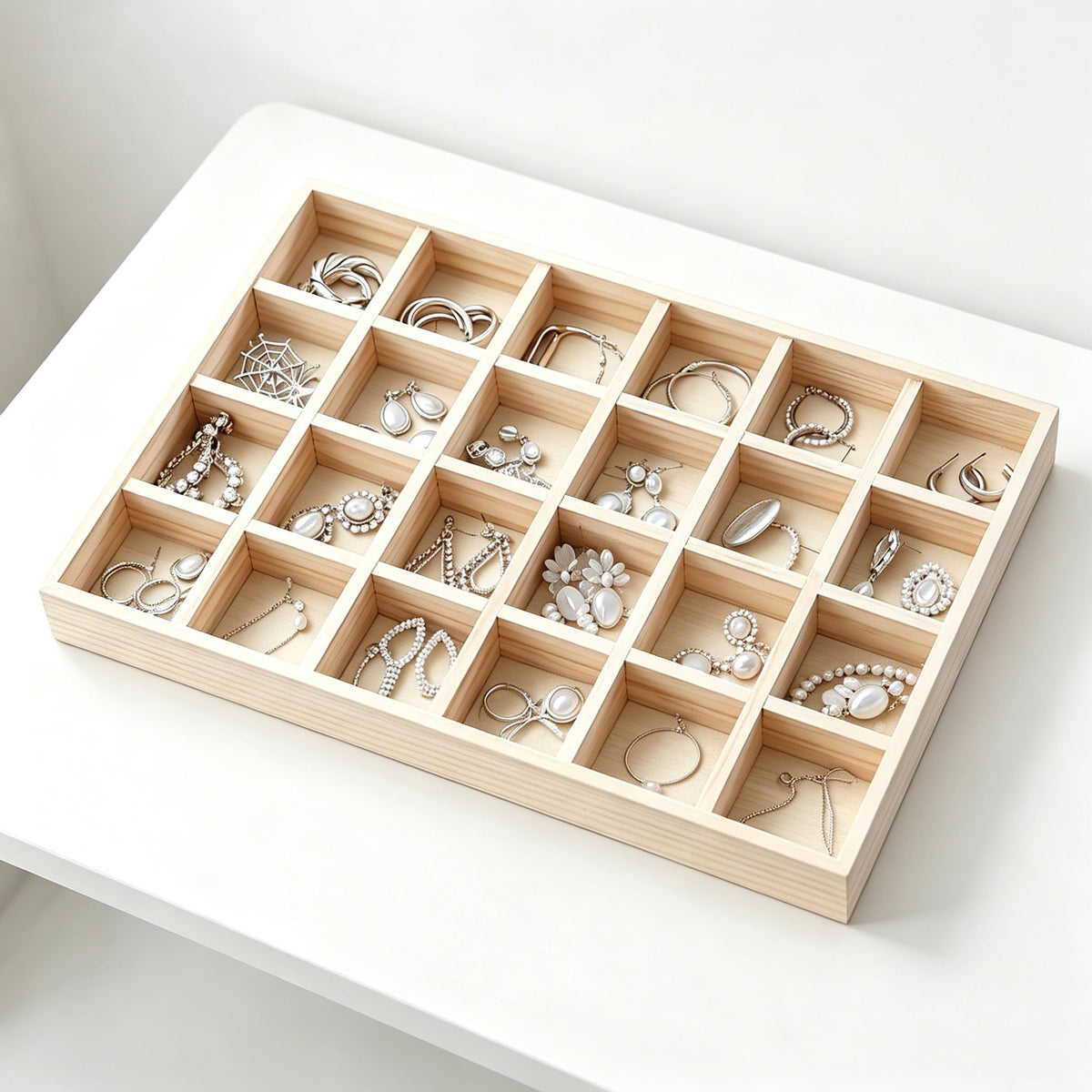 JUANERJIE Stackable 24 Compartments Wood Display Tray, Wooden Grid Sorting Organizer Tray, Versatile Showcase Storage for Jewelry, Accessories, Ties and Daily Small Items
