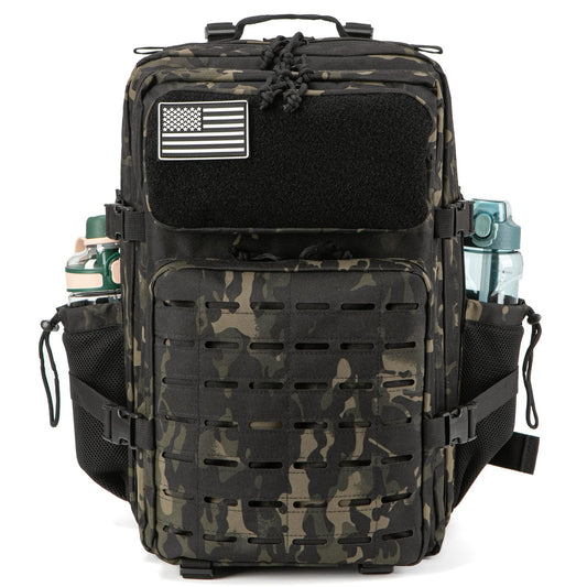 QT&QY Military Tactical Backpacks For Men Rucking Army Molle Daypack 45L Large 3 Day emergency survival backpack Bug Out Bag Gym Rucksack With Bottle Holder Black Camo