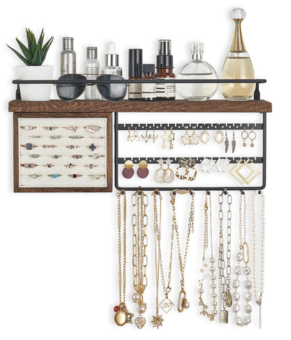 Mkono Hanging Jewelry Organizer Wall Mounted Jewelry Organizer Necklace Holder with Rustic Wood Shelf, Ring Display Box, Ear Studs Earring Holder Bracelet Organizer (Brown)