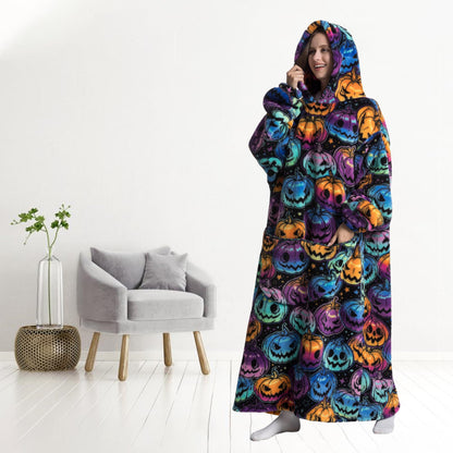 Capecage Blanket Hoodie, Long Hooded Blanket Sweatshirt as Birthday Gifts for Women Men, Long Wearable Blanket for Men Women,Pumpkin Hoodie Blankets for Women Men