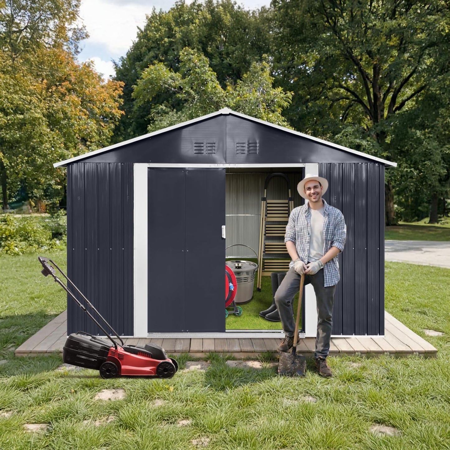 LINKHOO 9 x 10.6 Ft Outdoor Storage Shed, Heavy-Duty Metal Shed with Windows & Secure Lockable Doors, Ideal Storage Shed for Outdoor, Patio, Garden, and Backyard, Black