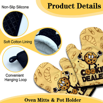 NAHMAKNE Funny Cookie Oven Mitts and Pot Holders Set of 3, Cookie Dealer, Heat Resistant Non-Slip Kitchen Mitts Hot Pads, Chef Baking Gifts for Mom Wife, Birthday Gifts for Women Men Friend Bakers