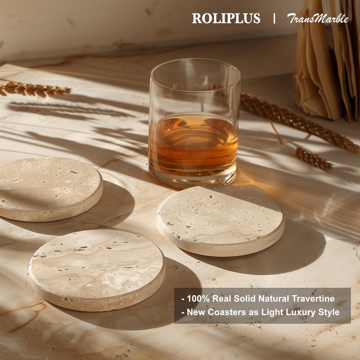 Natural Elegant Set of 4 Round Travertine Stone Coasters with Cork Backing - Absorbent Drink Coasters for Home and Office