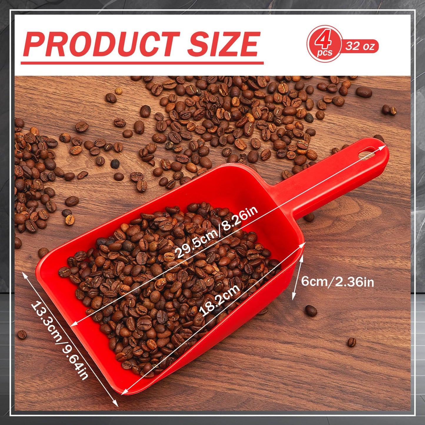 Relaxweex 4 Pack 32 oz Plastic Ice Scoop, Heavy Duty Utility Plastic Hand Scoop for Ice Machine, Flour, Coffee Beans, Pet Dog Food, Large Kitchen Shovel Tool for Restaurant, Bar, Pantry Storage