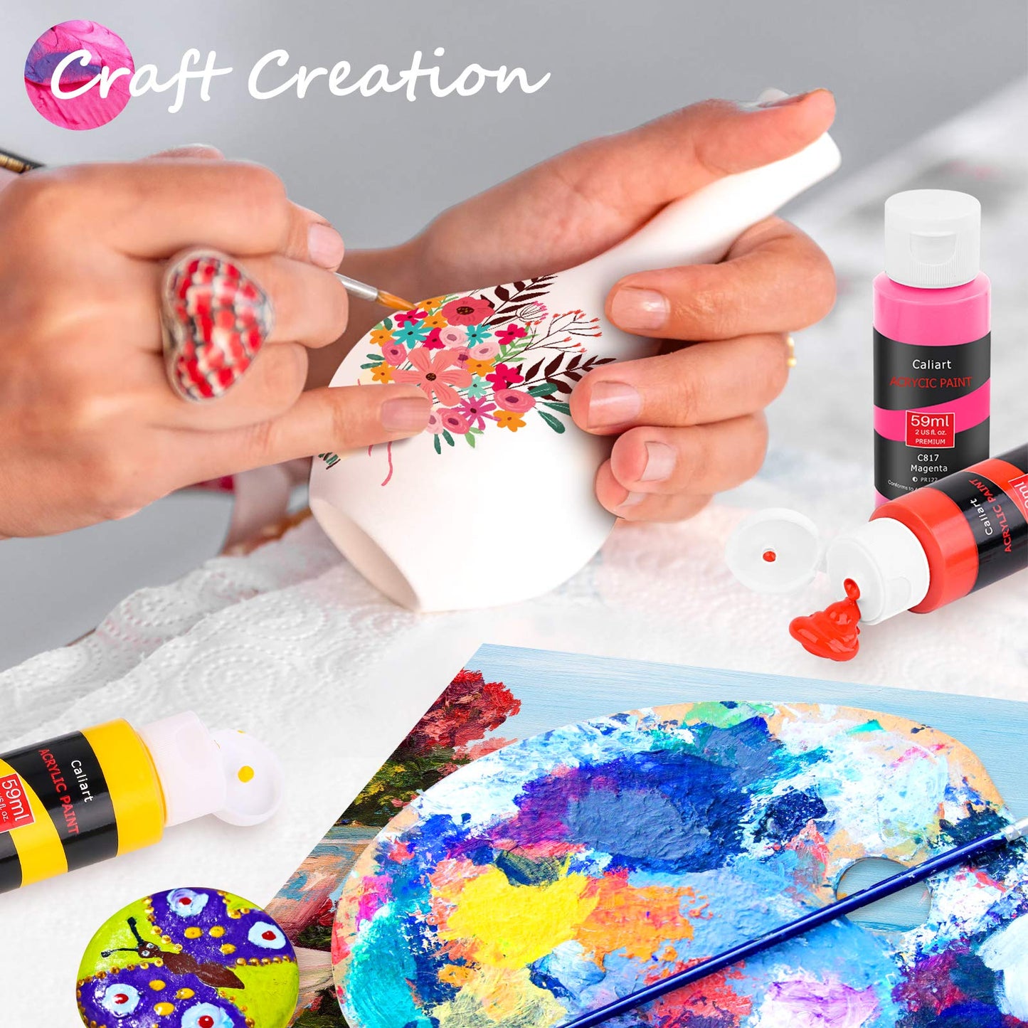 Caliart Acrylic Paint Set, 52 Colors (2oz/Bottle) with 4 Brushes, Art Craft Paints for Adults Artists Beginners Painters, Canvas Halloween Pumpkin Ceramic Wood Fabric Rock Painting Supplies Kit