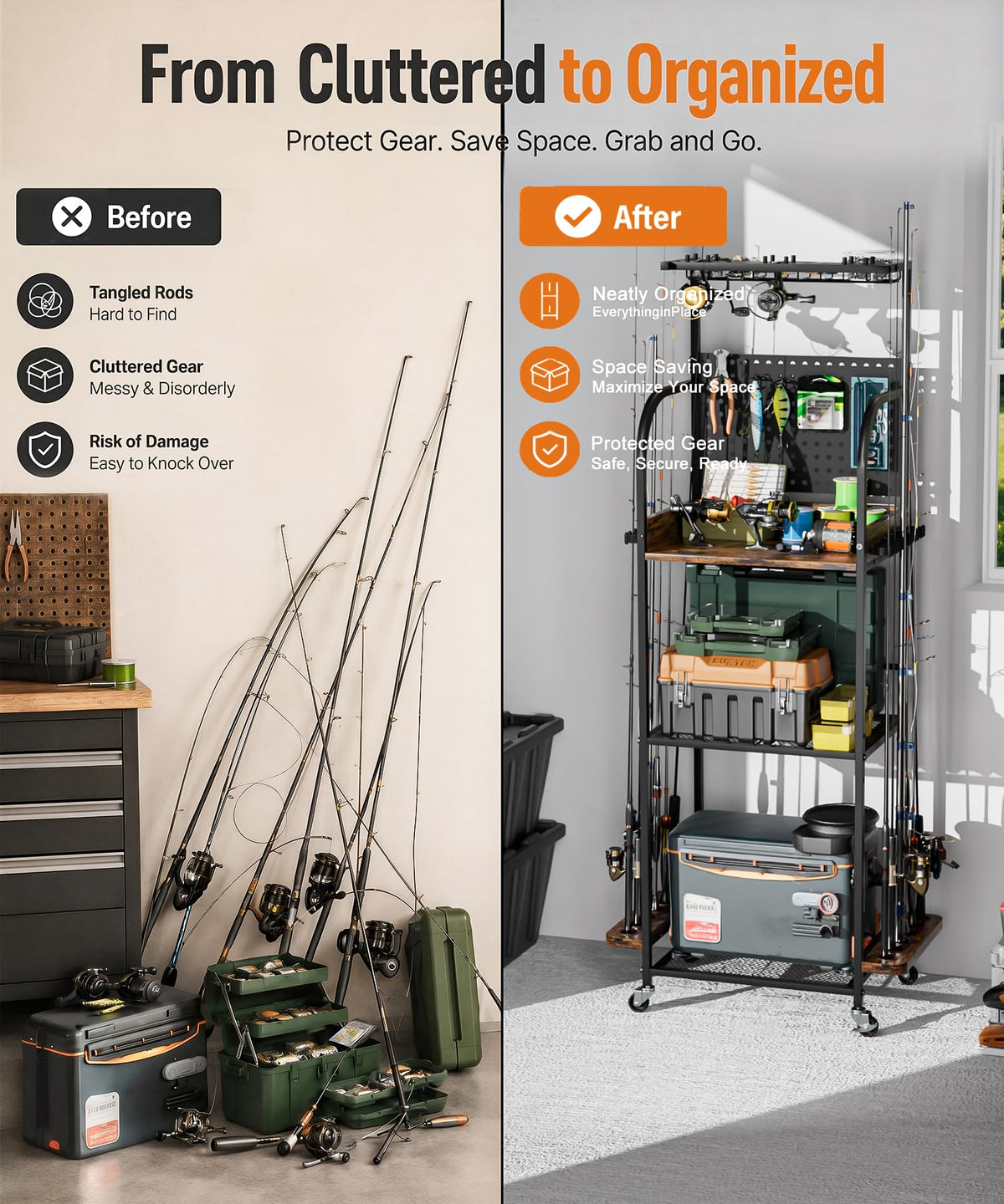 Homde Fishing Rod Holders for Garage: Large Capacity Fishing Equipment Holder up to 12 Rods - Mobile Tackle Storage Cart with Pegboard and Hooks for Tackle Box Organizers and Storage