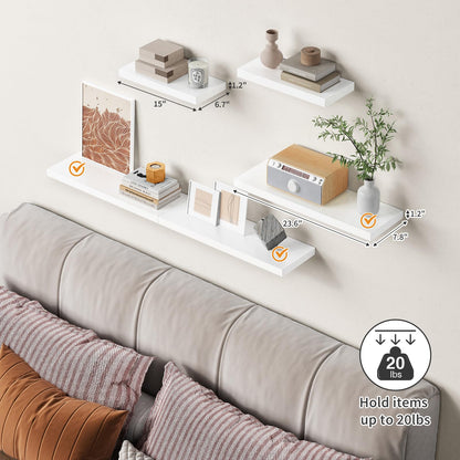 Forbena 24 Inch Floating Shelves for Wall Decor, White Wall Book Shelves for Bedroom, Large Long Deep Hanging Shelves for Bathroom Office Laundry Living Room Kitchen Closet Storage - Set of 3