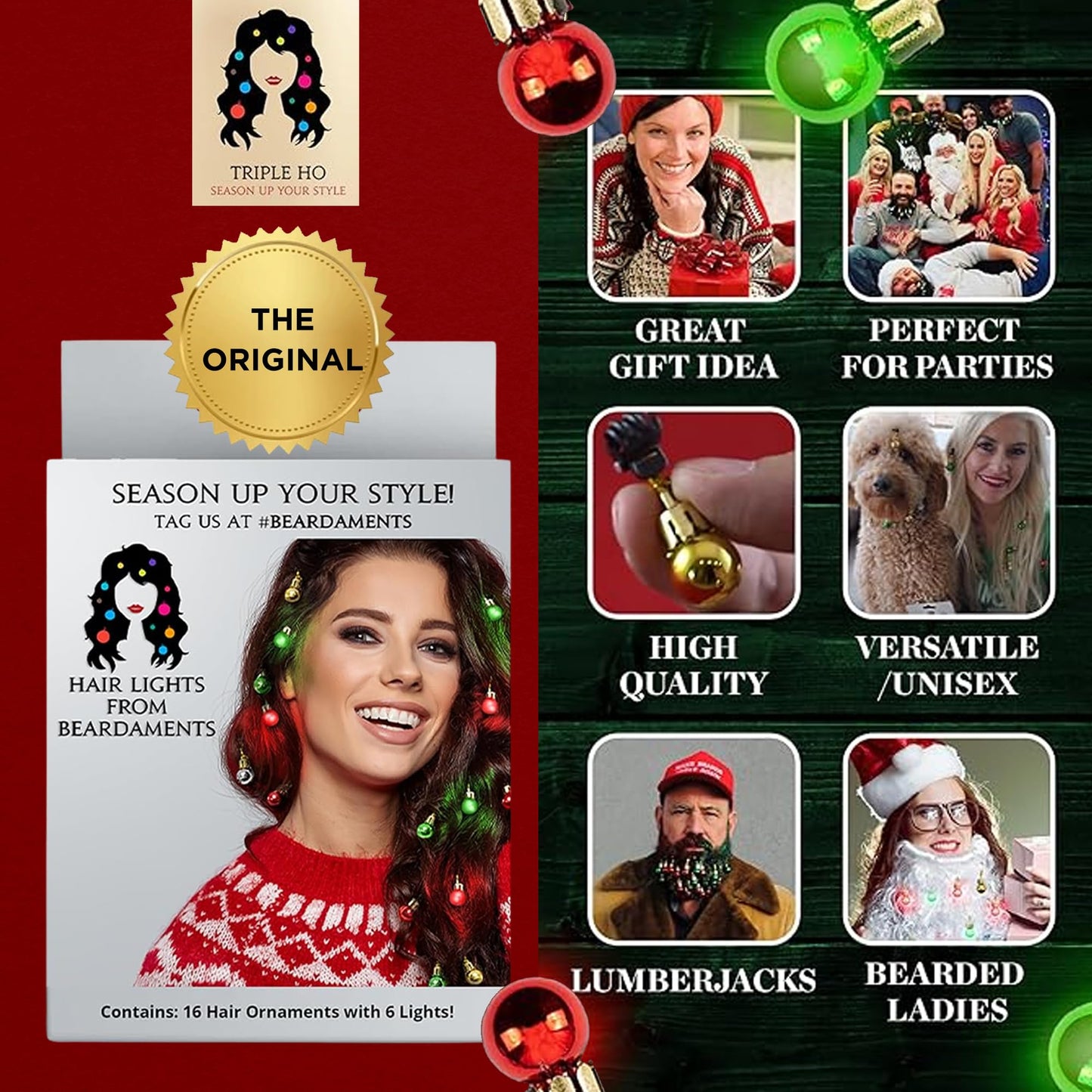 Beardaments Light Up Hair Lights - The Original Ornaments from, 16pc Colorful Christmas Hair Baubles for Holiday Cosplay Women Party Costume
