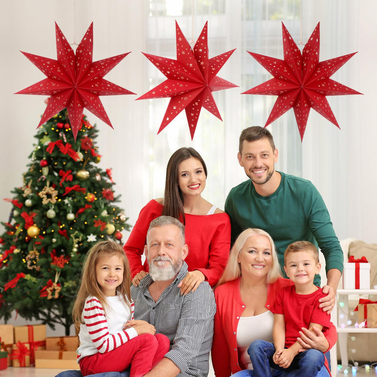 3Pcs Paper Star Lantern Lampshade 9 Pointed Star Hanging Decorations for Christmas New Year Wedding Party Holiday Birthday, Red