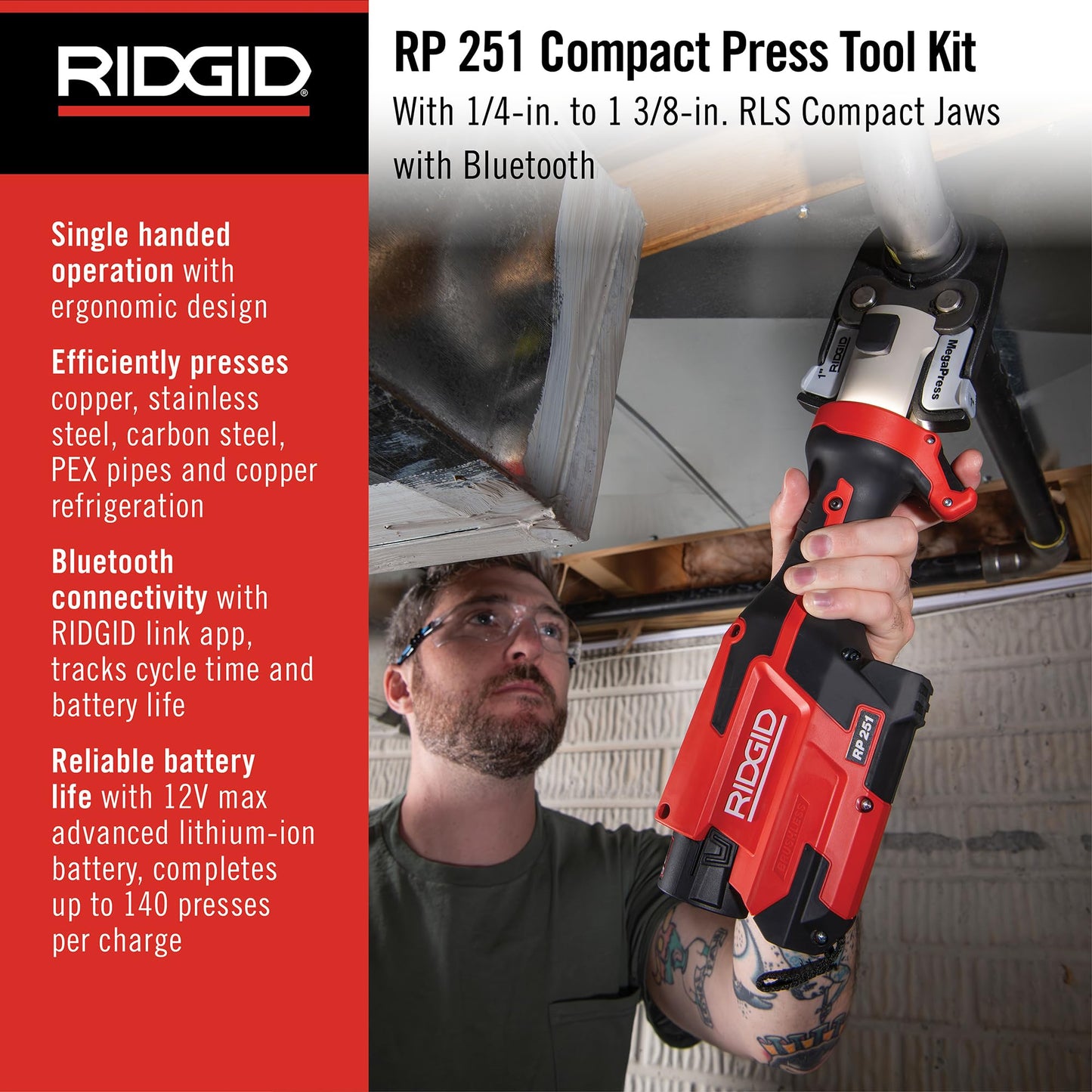 RIDGID 78238 RP 251 Compact Press Tool with RLS Jaws (1/4" to 1-3/8"), In-Line Pressing Tool for Copper, Stainless Steel, PEX, and Carbon Steel