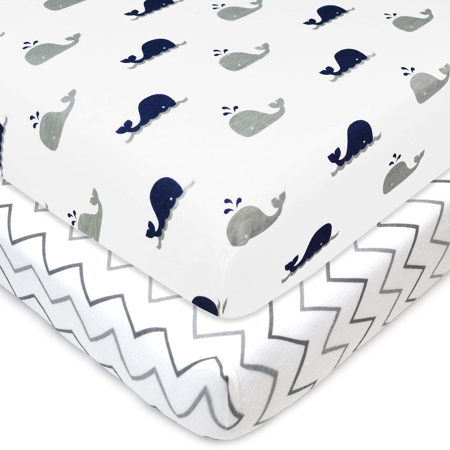 TL Care 2 Pack 100% Natural Cotton Fitted Pack and Play Sheets 39" x 27" - Soft & Breathable Pack N Play Sheets for Playard & Mini Crib Mattress, Navy Whale/Gray Zigzag, for Boys & Girls