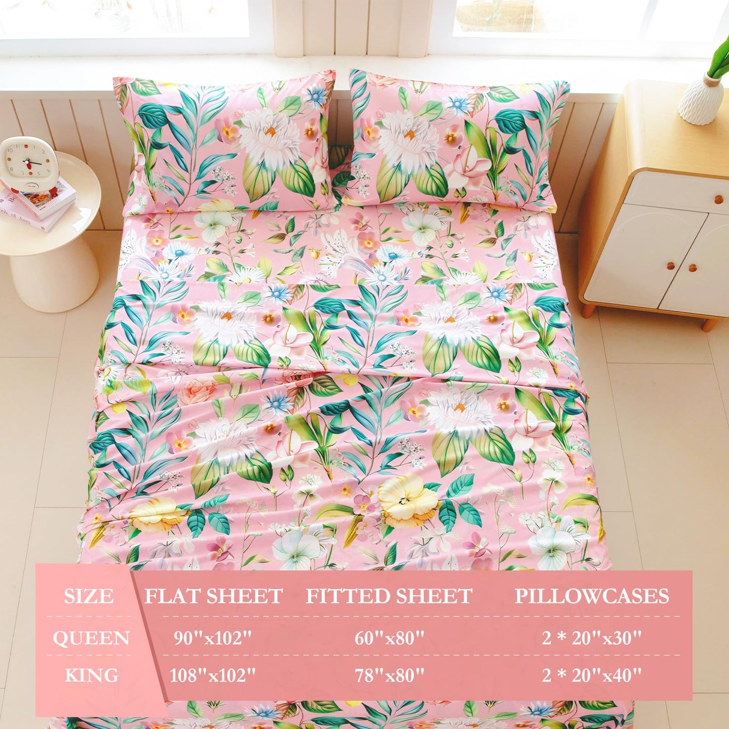 MICORAL Boho Floral Queen Sheet Set, 4-Piece Printed Botanical Bed Sheets, 16" Deep Pocket, Ultra Soft & Cooling Sheet, Oeko-TEX Certified, Blossoming Pink