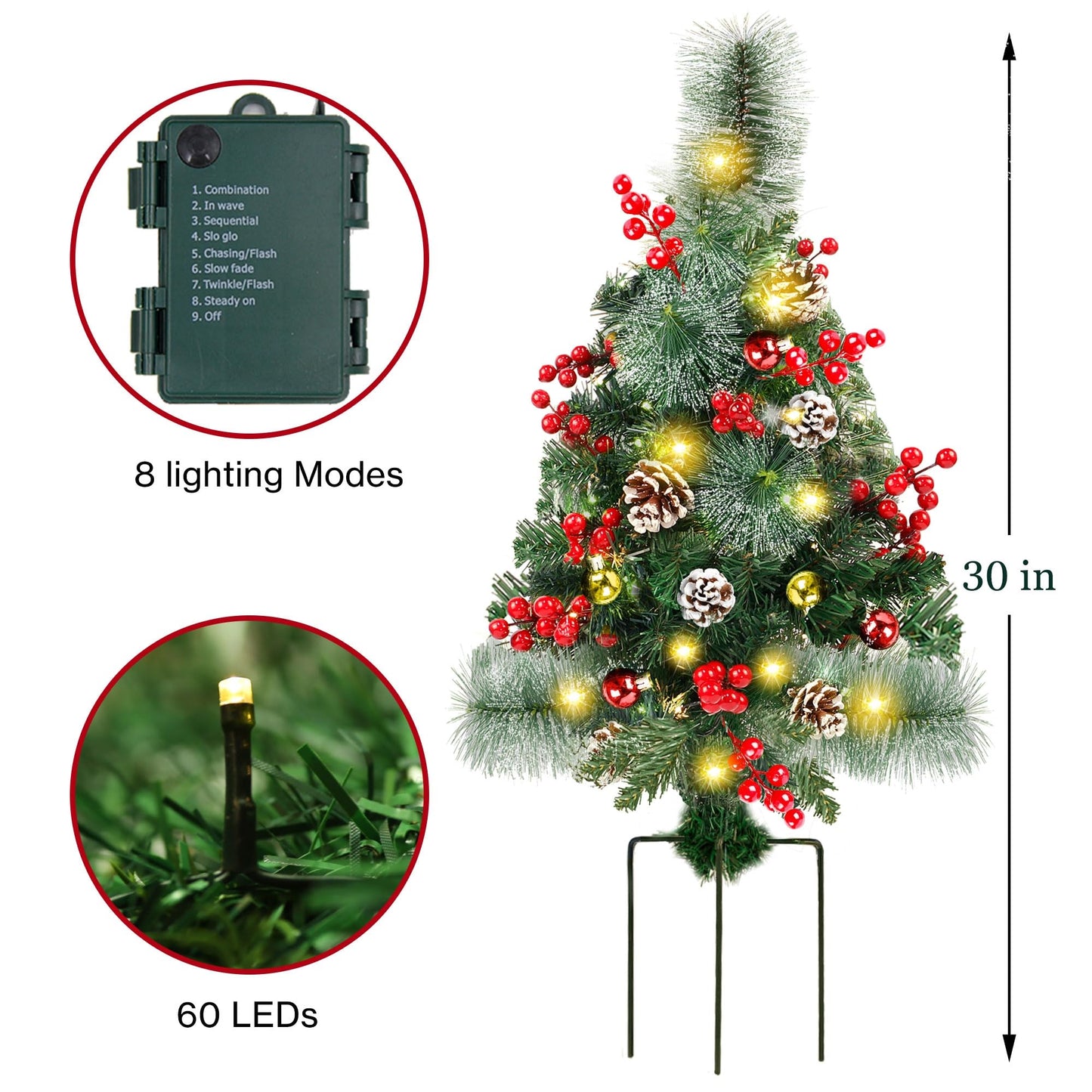Juegoal 2 Pack 30 Inch Pre-Lit Pathway Christmas Trees, Artificial Christmas Urn Filler with 60 LED Lights, Red Berries, Pine Cones & Balls Ornaments, Battery Operated Holiday Decor for Driveway, Yard