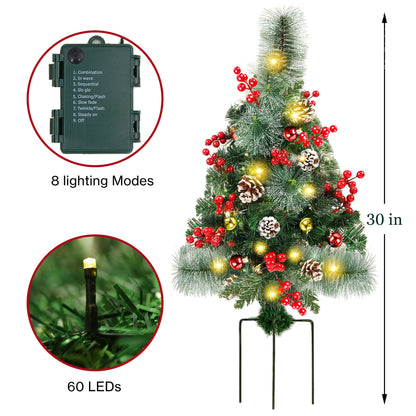 Juegoal 2 Pack 30 Inch Pre-Lit Pathway Christmas Trees, Artificial Christmas Urn Filler with 60 LED Lights, Red Berries, Pine Cones & Balls Ornaments, Battery Operated Holiday Decor for Driveway, Yard
