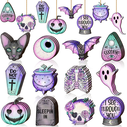 Maitys 36 Pcs Gothic Christmas Ornaments Wooden Horror Spooky Tree Ornaments Purple Pink Ghost Black Cat Skull Pumpkin Wood Cutouts with Rope Gothic Christmas Decor for Tree Home Wreath Party Gifts