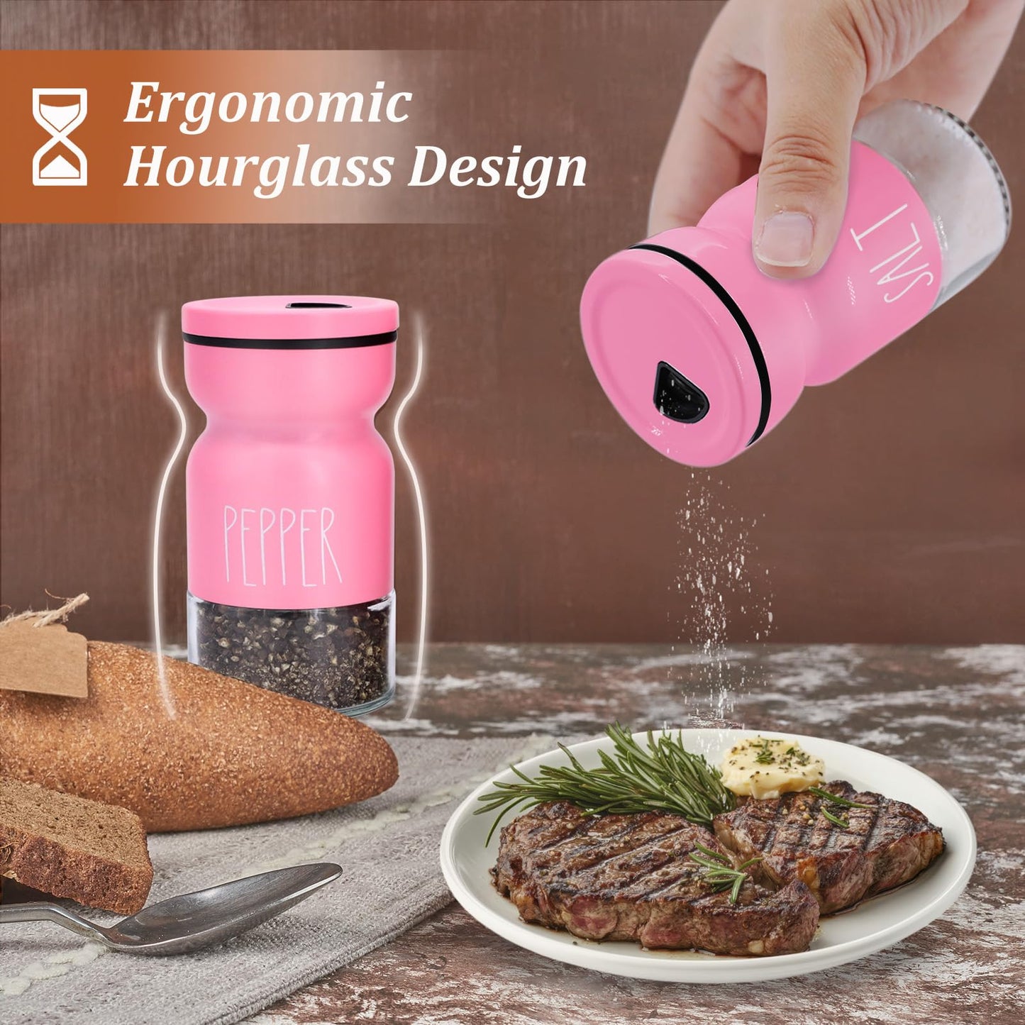 Pink Salt and Pepper Shakers Set, Cute Farmhouse Kitchen Decor for Home Restaurants Wedding, 4.5 oz Glass Salt Shaker with Adjustable Pour Holes