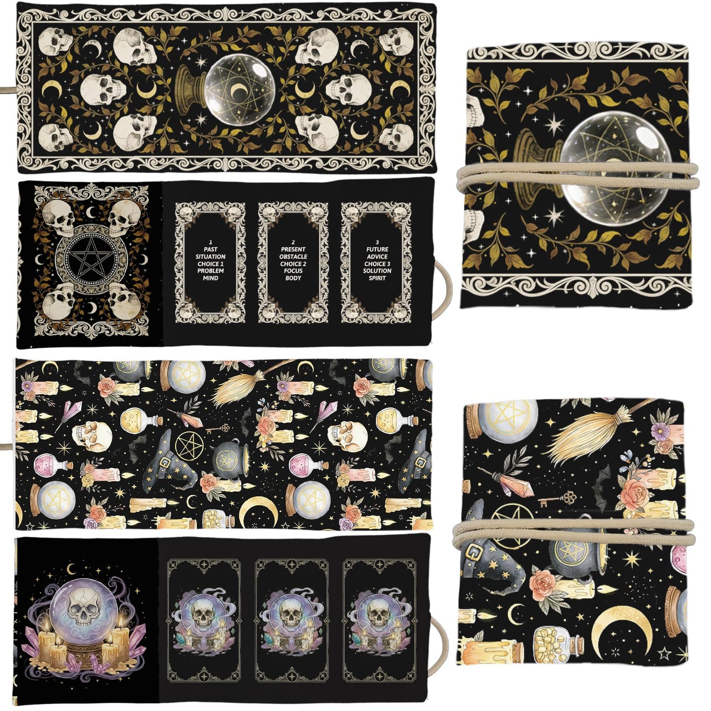 GLOBLELAND 2 Pcs Magic Divination Crystal Ball Tarot Card Holder Skull Polyester Tarot Bag Magic Divination Canvas Jewelry Storage Drawstring Pouches Accessories for Playing Cards and Tarots