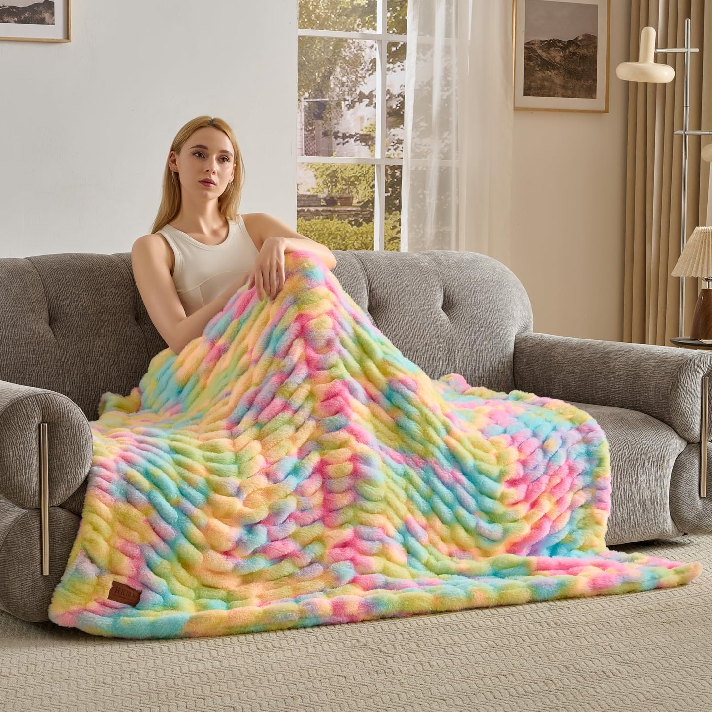 Double Side Faux Fur Throw Blanket,Cozy Soft Fuzzy Fluffy Faux Rabbit Fur Blanket for Couch, Bed, Sofa,Room Decor-Rainbow,50x60 inch