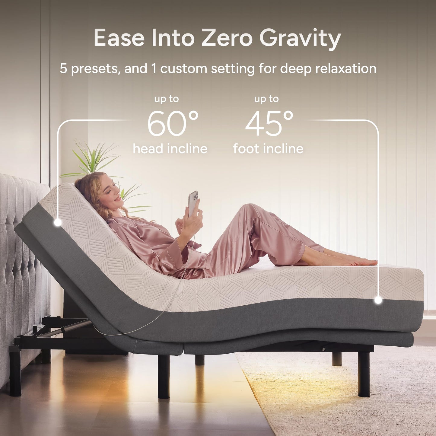 Renanim SFE Cal King Adjustable Bed Frame - Zero Clearance Smart Frame, Electric Massage, Wireless Remote for Head & Foot Lift, 3 Height-Adjustable Legs - Zero Gravity - Underbed Lights & 4 USB Ports
