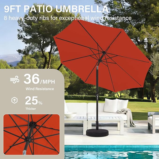 MEWAY 9ft Patio Umbrella Outdoor Table Umbrellas with Push Tilt and Crank, Market Umbrella 8 Sturdy Ribs for Deck, Garden, Pool and Backyard, Red Orange