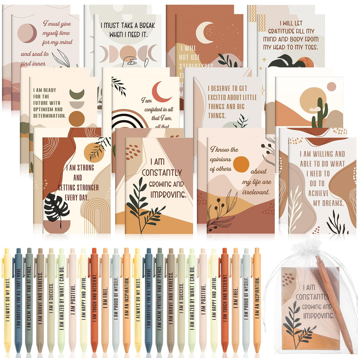 Mooliwe 96 Set/192 Pcs Positive Affirmation Gift Set Gratitude Notebooks with Pens Small Bags Motivational Encouragement Notepads Daily Affirmations Journal for Women Stress Relief Self Care (Rainbow)