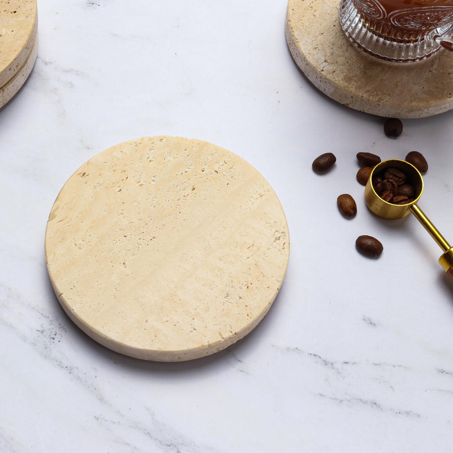 Vitrignis Natural Travertine Coasters Set of 4-4" Round Stone Drink Coasters for Housewarming Gifts, Anniversaries, Office Decorations