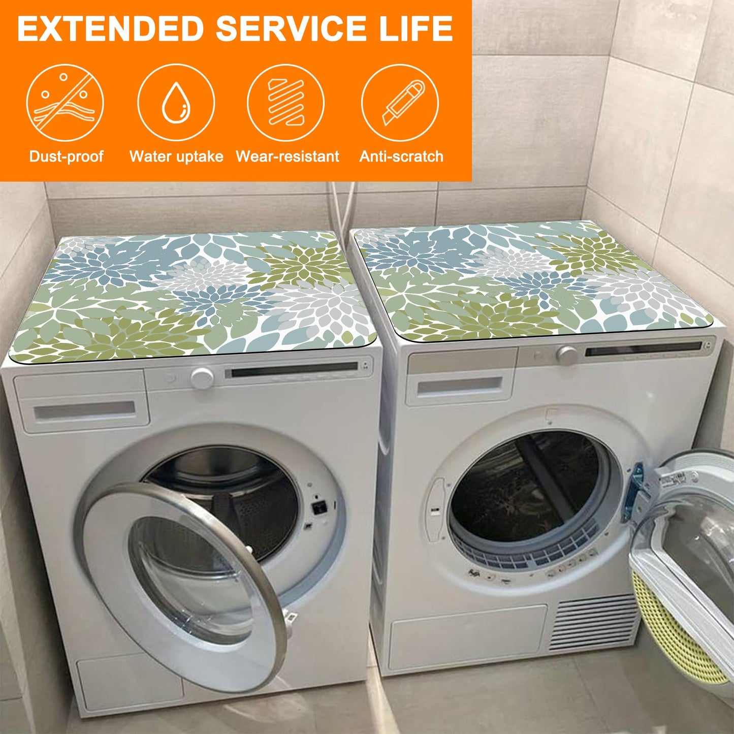 Abstract Green Lotus Flowers Floral Dryer Top Protector Mat,Dust-proof Washer and Dryer Covers For The Top,Non-slip Washing Machine Dust Cover Pad for Laundry Room Home Decor,23.6"x19.7"