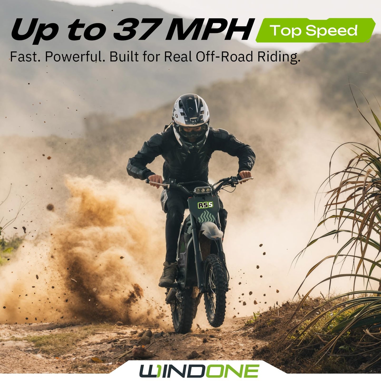 Windone RS5 Electric Dirt Bike for Teens & Adults (13+), Up to 37 MPH, 45 Miles Range, 2200W Peak Motor, 14"/12" Off-Road Tires, Hydraulic Suspension, 3-Speed Modes Electric Motorcycle (Light Green)