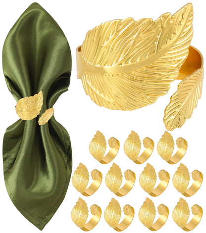 Monkkino Gold Napkin Rings, Shiny Metal Napkin Rings Set of 12, Study Leaf Shaped Table Decor, Stylish Fall Napkin Ring Bulk for Christmas, Easter, Wedding, Party, Elegant Table Settings Gift Ideas