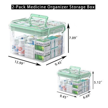 UFI Clear Medicine Storage Box with Lids, 2 Pack Portable First Aid Organizer with Handle, Stackable Storage Containers for Family Medical Supplies, Bathroom, Bedroom, Office(GREEN)