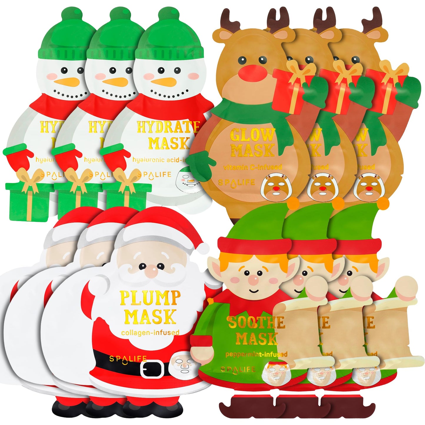 SpaLife Beauty Santa’s Workshop Christmas Face Mask Bundle | Korean Facial Masks | Hydrating, Soothing and Firming Sheet Mask Set | Christmas Face Masks for Women | Spa Party Favors | 12 Pack
