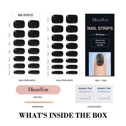 MelodySusie 30PCS Semi Cured Gel Nail Strips (Black Glitter), Works with Any Nail Lamps, Salon Quality, Long Lasting, Easy to Apply and Remove, Includes 2 Prep Pads, Nail File and Wooden Stick