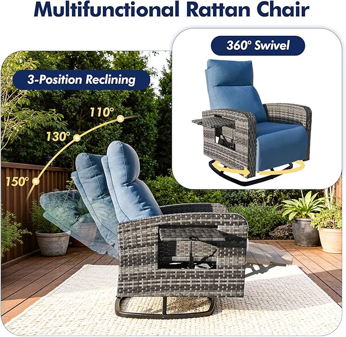 Outdoor Recliner Chair, Wicker Patio Recliners with Adjustable Backrest and Extended Foot Rest, Reclining Patio Chairs with Flip Table & Removable Cushion Cover for Porch