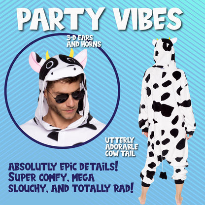 Funziez! Adult Onesie Halloween Costume - Animal Dinosaur Shark - Unisex Plush One Piece Cosplay Suit for Adults, Men and Women (Medium, Cow)