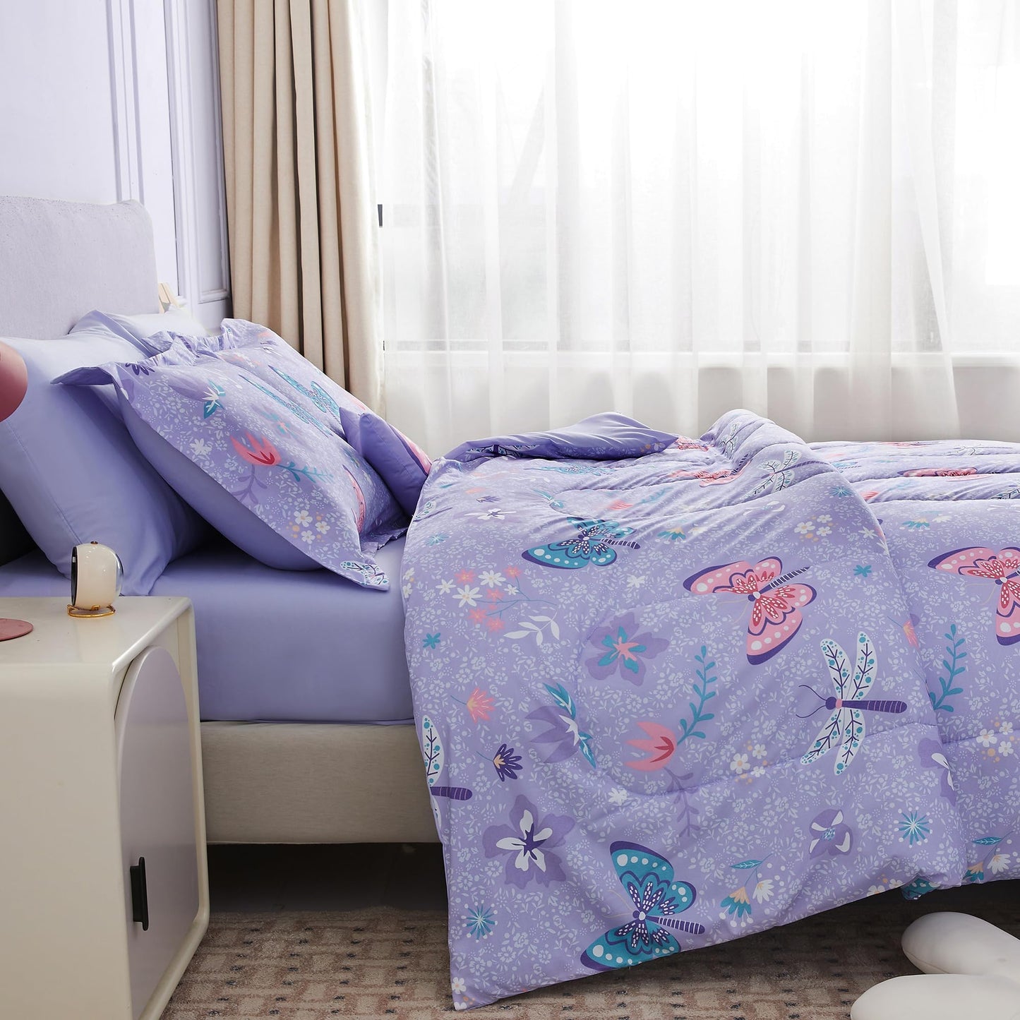 Mooreeke Kids Twin Comforter Sets for Girls 6 Pieces Butterfly Purple Bedding Set for Teens Soft Microfiber Kids Bed in A Bag with Comforter, Sheet Set, Shams and Decorative Toy Pillow All Season