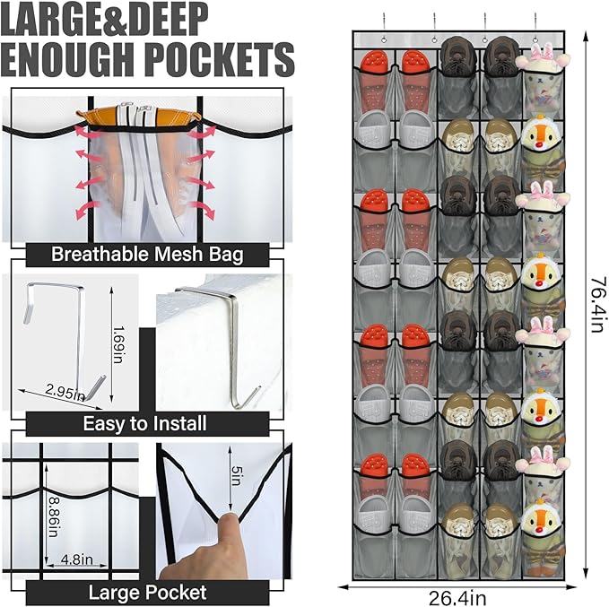 Windyun 40 Over The Door Shoe Organizer, Large Mesh Pocket Hanging Shoe Rack