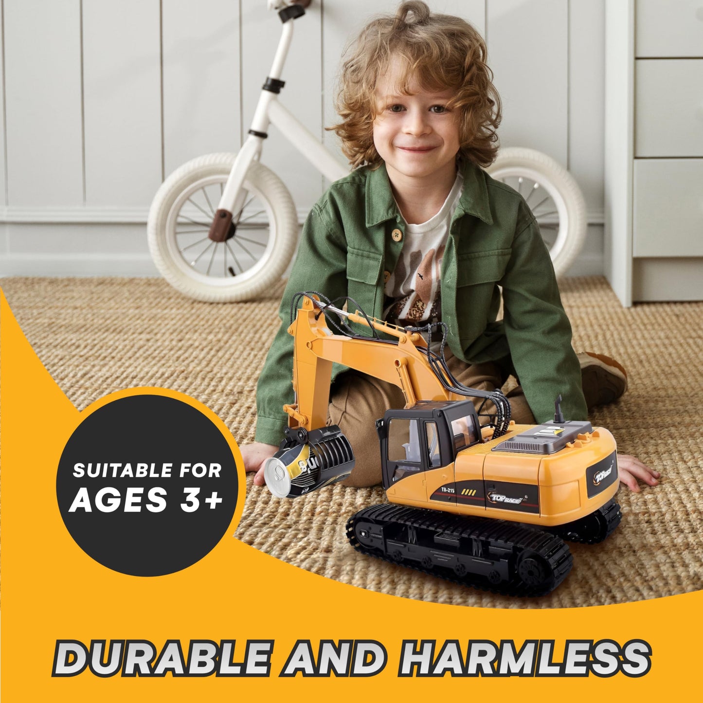 Top Race Remote Control Digger Excavator 15 Channel Professional 1:14 Construction Toy with Lights and Sound - Boys and Girls, Age 12+